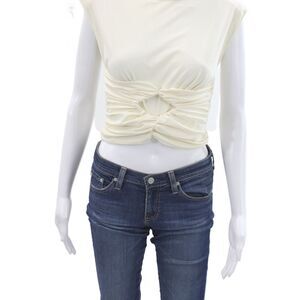 Magda Butrym Womens Cropped Jersey Crew Neck Short Sleeve Top Beige Size 36